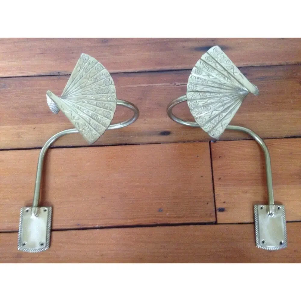 Vintage Pair Solid Brass Japanese Fan Decorative Curtain Tie Backs Wall Mount